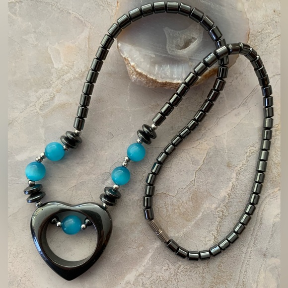 Hematite Heart Pendant Beaded Necklace with Blue Cats Eye Accents - Picture 3 of 3